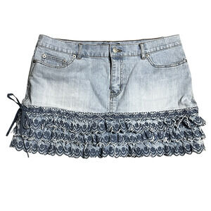 London Jean Mini Skirt Womens 12 Denim Ruffle Lace Boho Festival Embroidered
